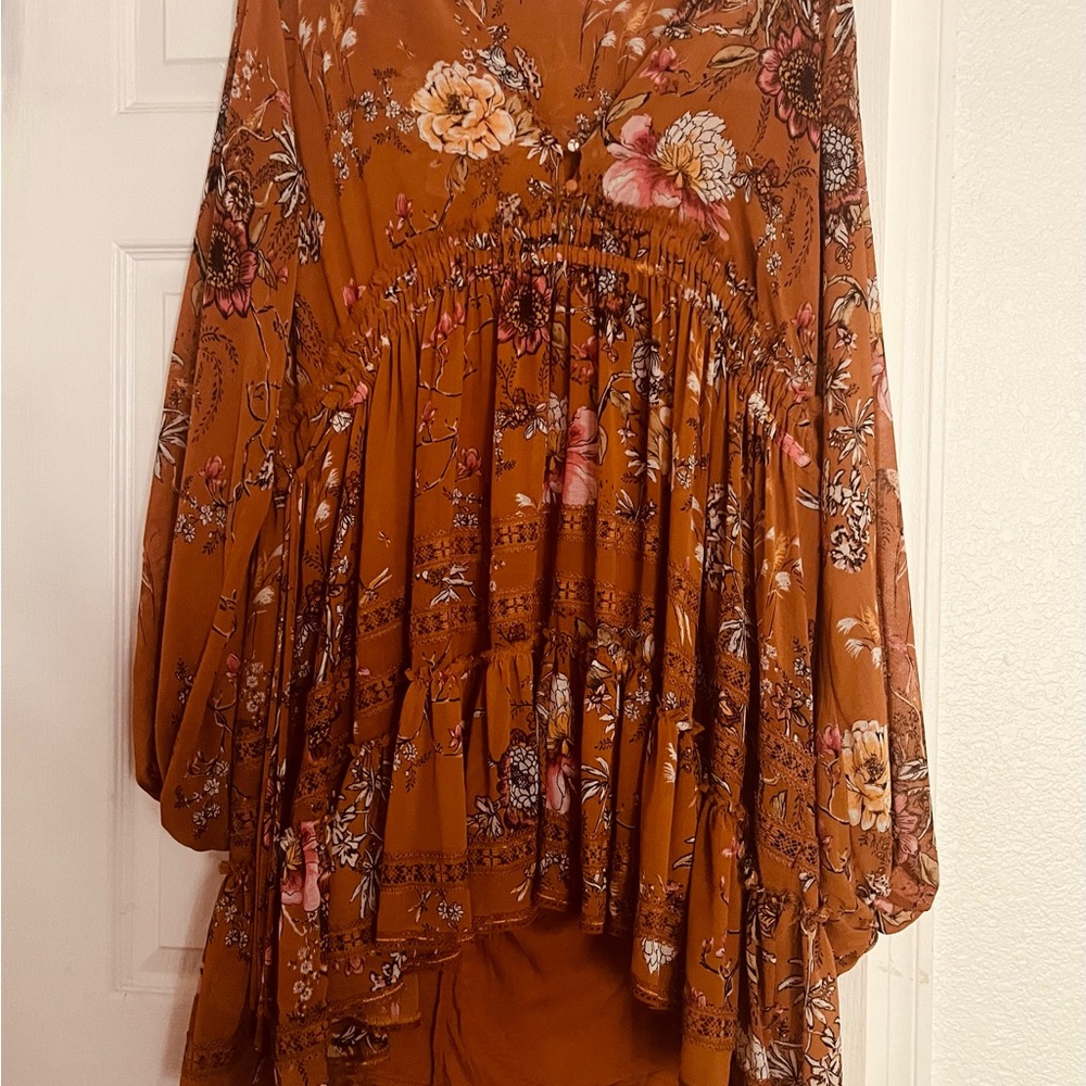 Free People Brown Asymmetrical Sundress with Bishop Sleeves